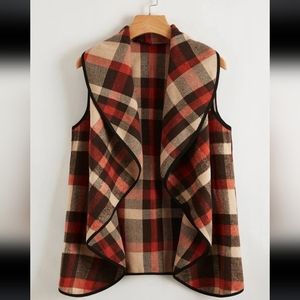 Plus Waterfall Collar Contrast Binding Plaid Sleeveless Coat